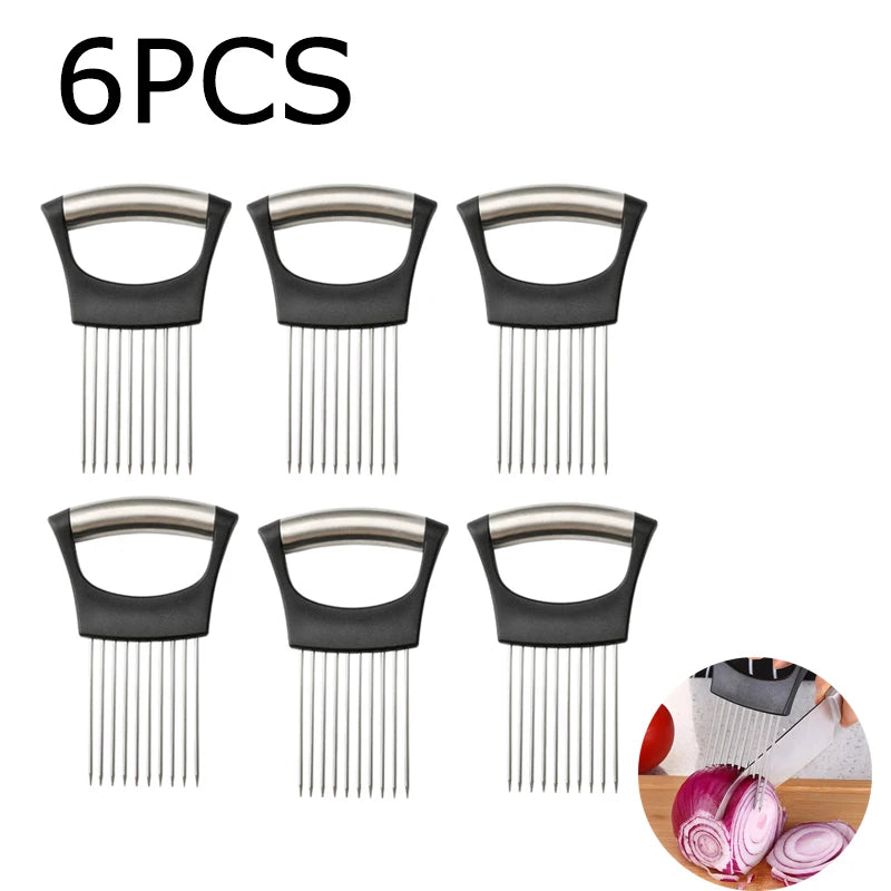 Stainless Steel Onion Cutter Holder Food Slicers Assistant Tomato Onion Slicer Holder Vegetables Cutting Fork Kitchen Gadgets