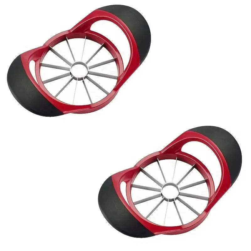 Two red and black apple peelsers on a white background