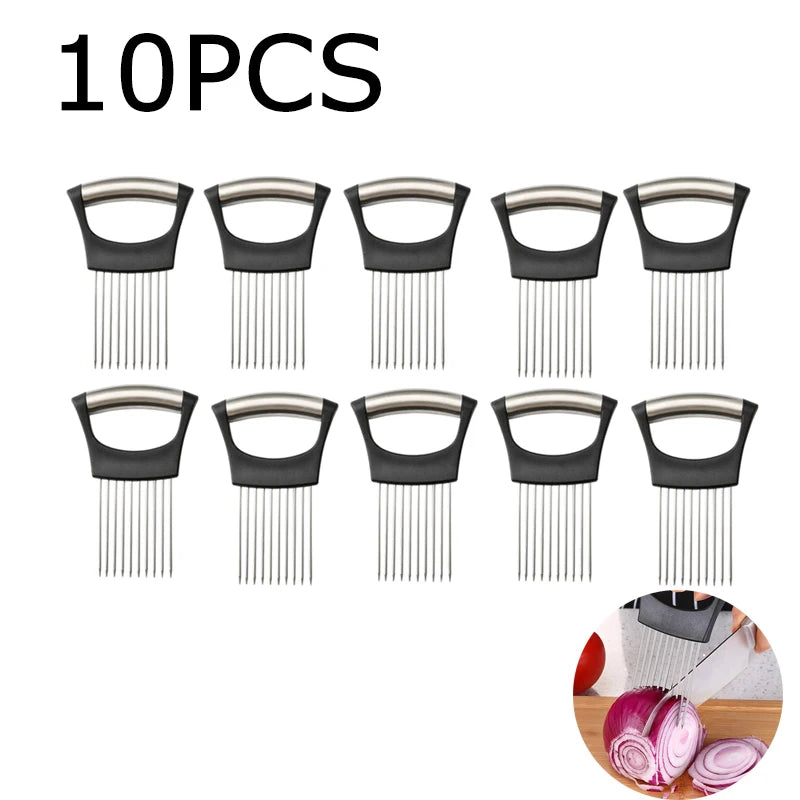 Stainless Steel Onion Cutter Holder Food Slicers Assistant Tomato Onion Slicer Holder Vegetables Cutting Fork Kitchen Gadgets