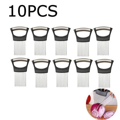 Stainless Steel Onion Cutter Holder Food Slicers Assistant Tomato Onion Slicer Holder Vegetables Cutting Fork Kitchen Gadgets
