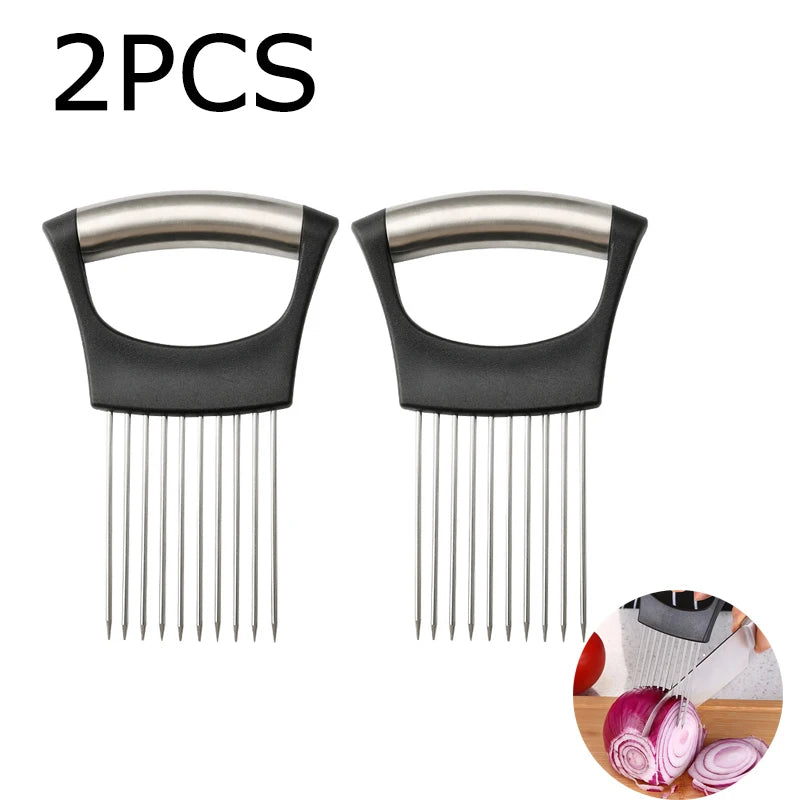 Stainless Steel Onion Cutter Holder Food Slicers Assistant Tomato Onion Slicer Holder Vegetables Cutting Fork Kitchen Gadgets