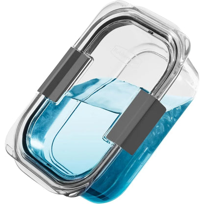Clear container with blue liquid and black clips on a white background