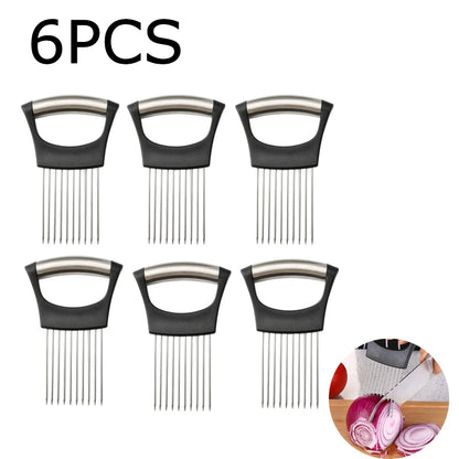 Stainless Steel Onion Cutter Holder Food Slicers Assistant Tomato Onion Slicer Holder Vegetables Cutting Fork Kitchen Gadgets