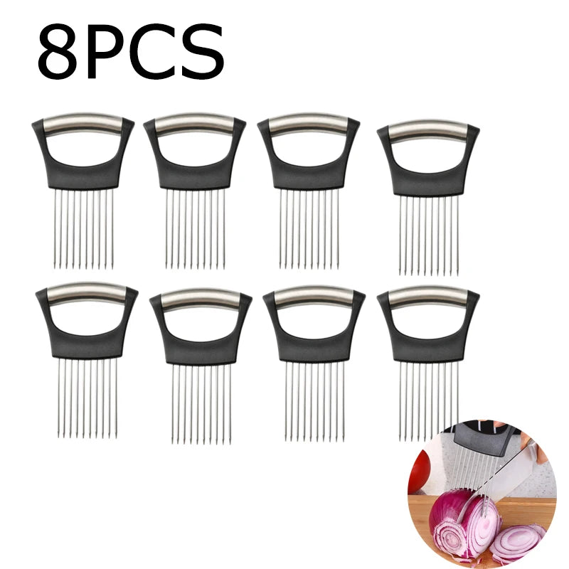 Stainless Steel Onion Cutter Holder Food Slicers Assistant Tomato Onion Slicer Holder Vegetables Cutting Fork Kitchen Gadgets