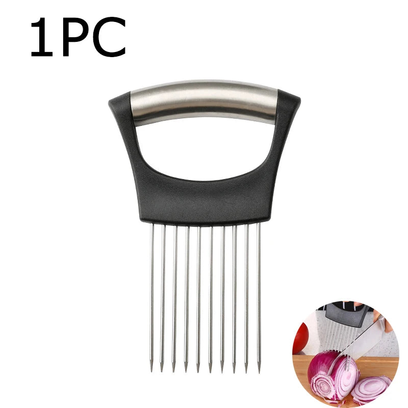 Stainless Steel Onion Cutter Holder Food Slicers Assistant Tomato Onion Slicer Holder Vegetables Cutting Fork Kitchen Gadgets