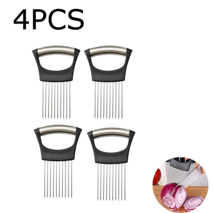 Stainless Steel Onion Cutter Holder Food Slicers Assistant Tomato Onion Slicer Holder Vegetables Cutting Fork Kitchen Gadgets