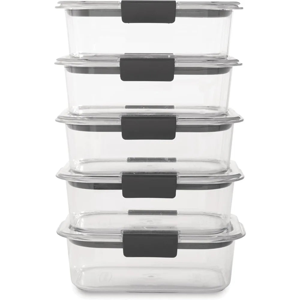 Set of clear food storage containers with black lids on a white background
