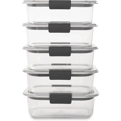 Set of clear food storage containers with black lids on a white background